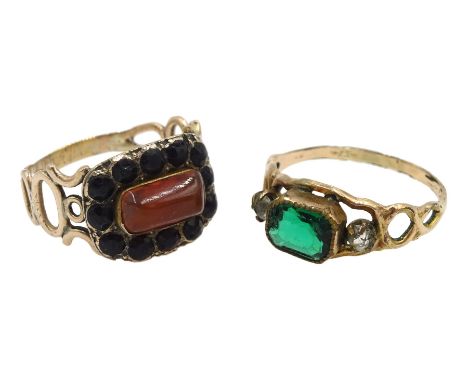 Georgian gold carnelian ring, with Vauxhall glass bead surround and a similar green and clear paste ring - Condition Report A