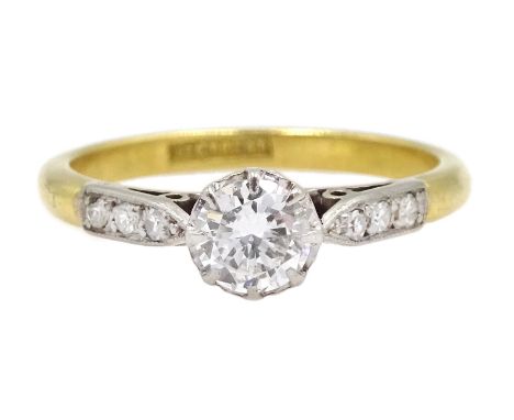 18ct gold single stone diamond ring, with diamond set shoulders, stamped 18 Plat, diamond approx 0.35 carat - Condition Repor