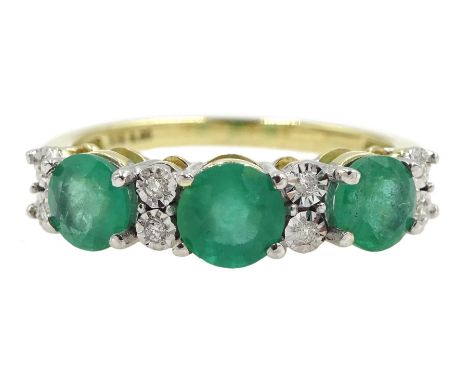 9ct gold round emerald and diamond ring, stamped 375, total emerald weight approx 1.30 carat - Condition Report Approx 2.6gm,