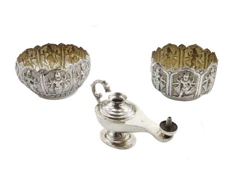 Two Middle Eastern silver bowls with embossed Hindu God decoration, both stamped 85 and an Egyptian silver oil lamp hallmarke