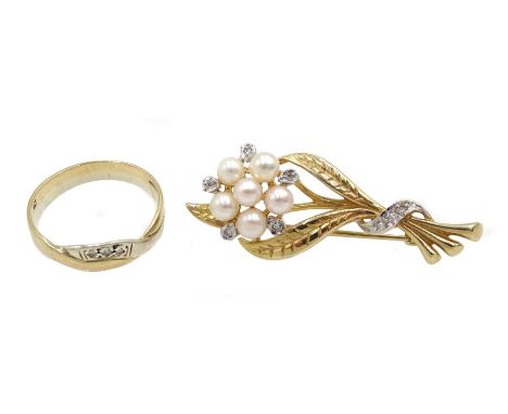 White and yellow gold three stone diamond ring and a gold pearl and diamond flower design brooch, both hallmarked 9ct - Condi