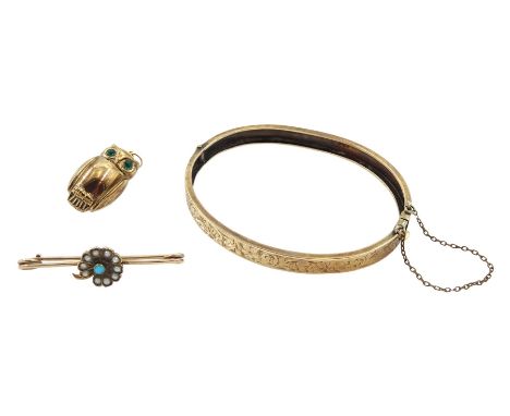 9ct gold owl pendant with green paste eyes, hallmarked, 9ct gold hinged bangle, Birmingham 1890 and a 9ct gold turquoise and 