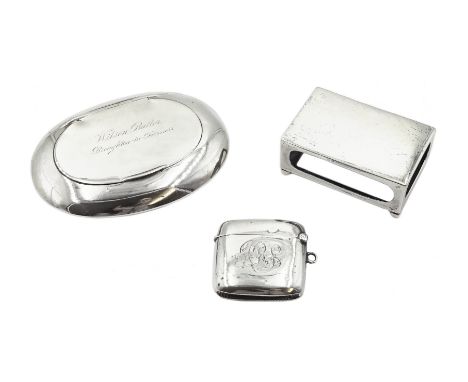 Silver oval shaped snuff box by Henry Williamson Ltd, Birmingham 1919, silver matchbox holder by Horace Woodward &amp; Co Ltd