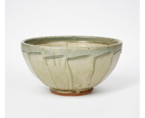 Richard Batterham (born 1936-2021) a large stoneware cut-sided bowl, covered with an ash glaze to the foot unsigned 36cm. dia