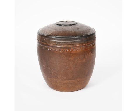 Richard Batterham (1936-2021) a large salt-glaze stoneware beaten jar and cover, with chattering band,  the interior glazed a