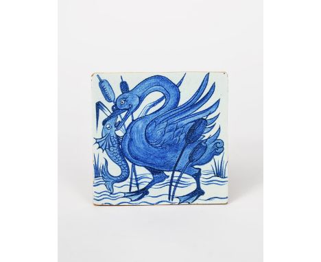An early William De Morgan tile, painted in blue with a swan catching a fish in a river with bullrush, unsigned, 15. x 15.5cm