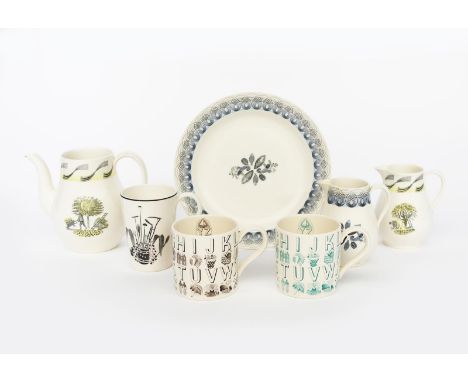 A Wedgwood Pottery Garden Implements  beaker mug designed by Eric Ravilious,  printed in black on pink lustre with a group of