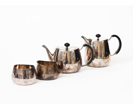 A Walker &amp; Hall electroplated four piece tea set designed by David Mellor, model no. 53722, with black plastic handles an