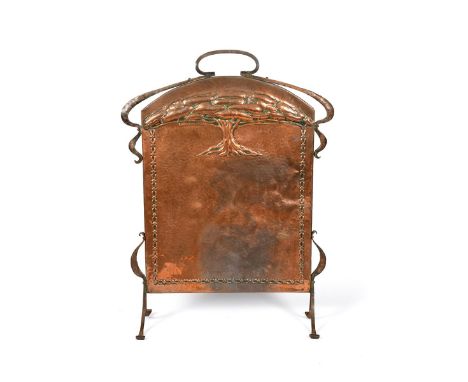 A copper and wrought iron firescreen in the manner of John Pearson,  rounded rectangular panel stamped in low relief with a s
