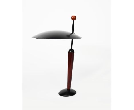 A modern table lamp, domed black enamel base supporting angled stem and flat domed shade, unsigned, 50cm. high