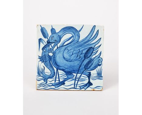 An early William De Morgan tile, painted in blue with a swan catching a fish in a river with bullrush, unsigned, 15. x 15.5cm