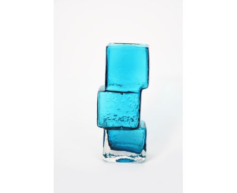 A Whitefriars Kingfisher Blue Drunken Bricklayer vase designed by Geoffrey Baxter,  textured blue glass unsigned, 20.5cm. hig