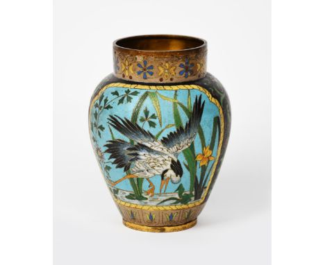 An Elkington &amp; Co cloisonne enamel vase, model no.317, shouldered form, enamelled with a panel of cranes standing beside 