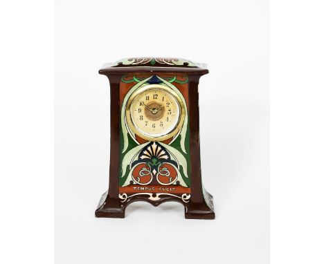 'Tempus Fugit' a Late Foley Intarsio mantel clock, model no.3676, tapering rectangular section with overhanging mantel, print