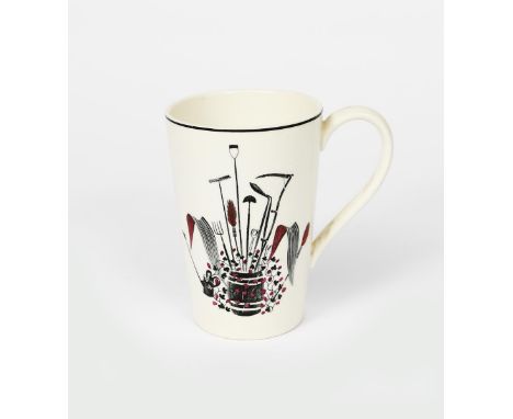 A Wedgwood Garden Implements beaker mug designed by Eric Ravilious,  printed with a vignette of garden tools in a barrel, in 