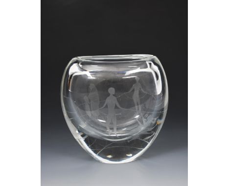 An Orrefors engraved glass vase by Ernest Gordon, model no. 2039, flaring, flattened form, engraved with two figures holding 