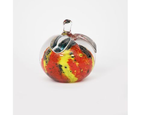 A glass Apple paperweight designed by John Lyndon for The Apple Boutique, 1968, mottled orange, yellow and blue, cased in cle