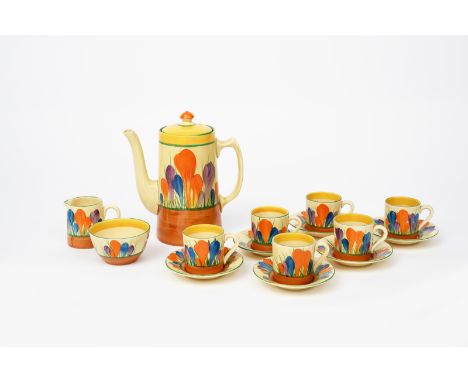 'Crocus' a Clarice Cliff Bizarre Tankard coffee set for six, dated 1929, painted in colours between yellow and brown bands, c