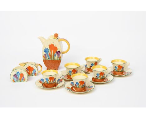 'Crocus' a Clarice Cliff Bizarre Bon Jour coffee set for six, comprising, coffee pot and cover, milk-jug and sugar basin, six