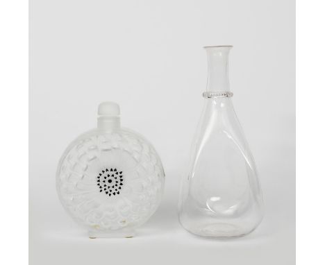 A James Powell &amp; Son Whitefriars glass dimpled carafe, tapering square section with dimpled sides, the neck with applied 
