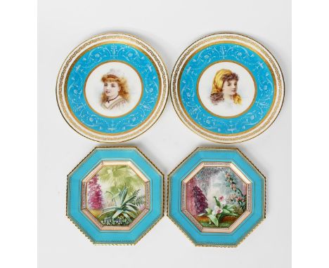 A pair of Copeland octagonal cabinet plates by CFH, painted with orchids in colours, inside a turquoise band, a pair of Minto