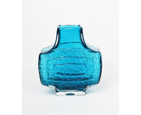 A Whitefriars Kingfisher blue glass vase designed by Geoffrey Baxter, with rectangular textured body unsigned, 17.5cm. high