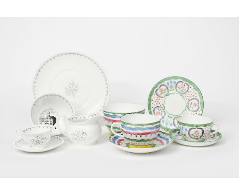 A Foley Embroidery tea trio designed by Dod Procter, V.629, painted with panels of pink daisy flowers, comprising tea cup, sa