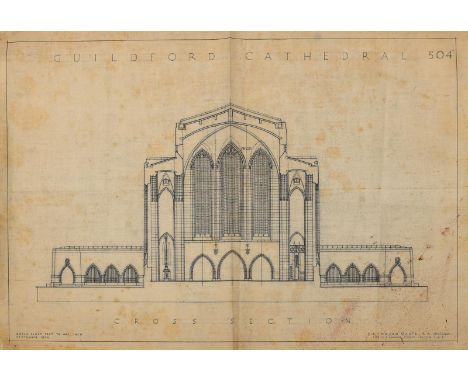 Sir Edward Maufe RA FRIBA (1882-1974) Guildford Cathedral, 502, 503, 504 three blueprint architectural plans on paper, signed