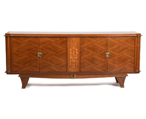 An Art Deco rosewood sideboard in the manner of Andre Arbus, rectangular section, on four flaring legs with brass feet, two d