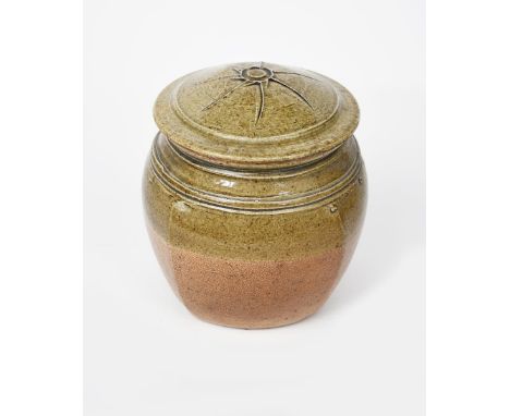 Richard Batterham (1936-2021) a salt-glaze stoneware beaten jar and cover, beaten and pushed out, covered to the shoulder wit