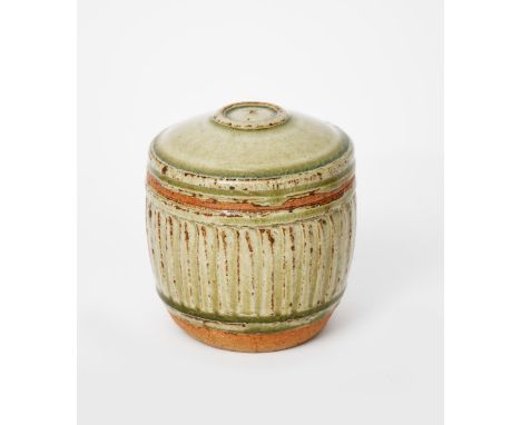 Richard Batterham (1936-2021) a stoneware tea caddy and cover, with fluted sides, covered in an ash glaze, unsigned, 12.5cm. 