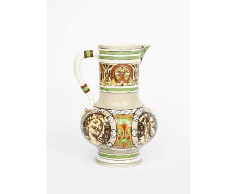 A Minton's Pottery Beer jug designed by Henry Stacy Marks, printed with portrait roundels and bands of stylised flowers and f