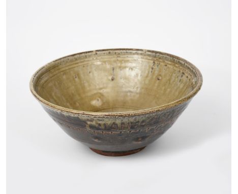 Richard Batterham (1936-2021) large stoneware footed bowl with chattering band, the exterior glazed in iron, the interior cov