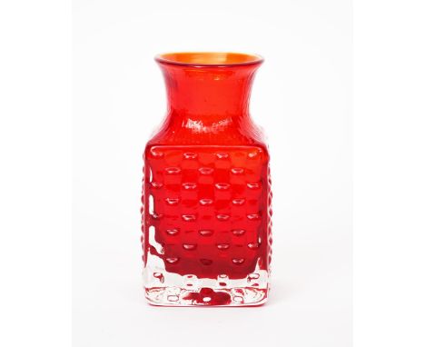 A Whitefriars Ruby red glass vase designed by Geoffrey Baxter,  shouldered square section, textured grid surface, unsigned, 1
