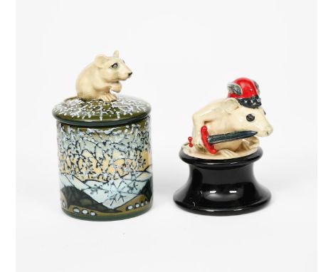 A Dennis China Works Mouse Trial chess piece, dated 2010, painted in colours, and a Dennis China Works miniature pot and cove