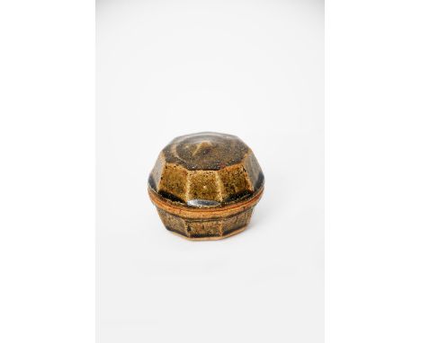Richard Batterham (1936-2021) a cut-sided stoneware lidded box, covered in an ash glaze unsigned, applied paper exhibition la
