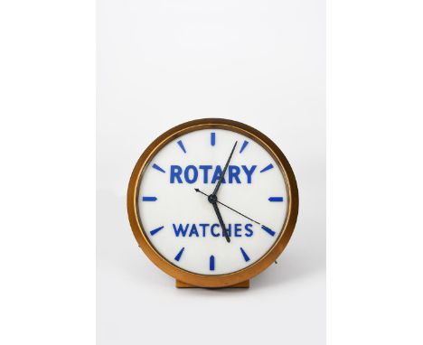 'Rotary Watches' a patinated metal illuminating advertising wall clock, for Rotary watches, gilt patinated metal with perspex