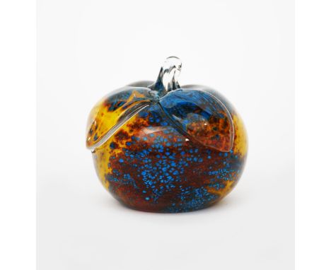 A glass Apple paperweight designed by John Lyndon for The Apple Boutique, 1968, mottled orange and yellow and blue , cased in