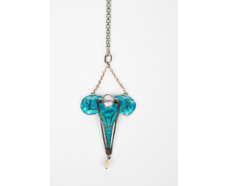 An Art Nouveau silver and enamel pendant necklace,  cast in low relief with geometric foliate design, in blue and green ename