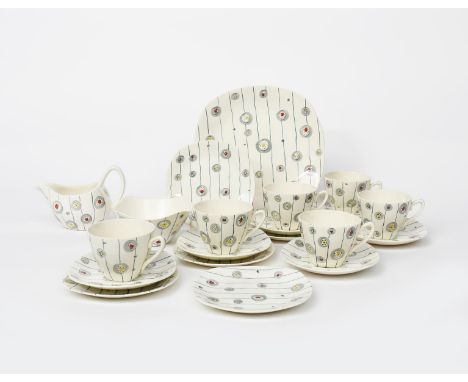 'Festival' a Midwinter Fashion Shape part tea set designed by Jessie Tait, painted with atomic design in colours, comprising 