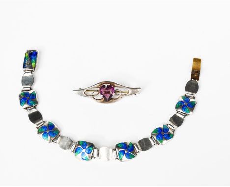 A silver and enamel bracelet in the manner of James Fenton, square panels, enamelled with blue and green flower head design a