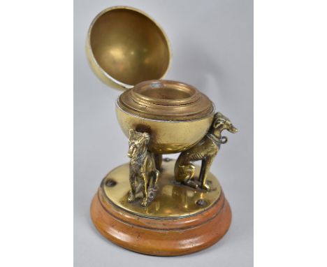 A Nice Quality French Brass Desktop Inkwell in the Form of Globe Supported by Three Greyhounds, Hinged Lid, Missing Liner, 11