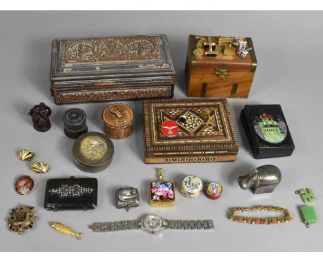 A Collection of Curios to include Decorated and Lacquered Boxes, Halcyon Days Enamel Boxes, Costume Jewellery Etc 