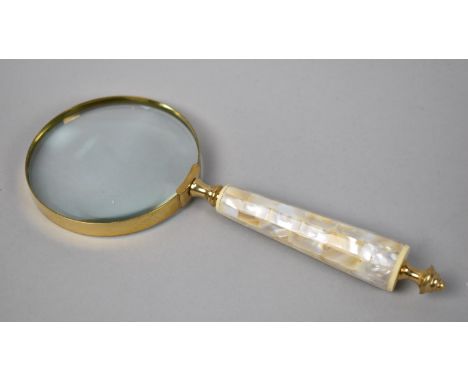 A Modern Desktop Brass and Mother of Pearl Handled Magnifying Glass, 25cms Long 