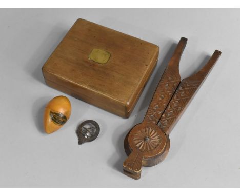 A Carved Wooden Nut Cracker, A Mahogany Box, an Motto Vox Dum Vivo Spero, (I Live In Hope) and a Mauchline Ware Egg for St. M