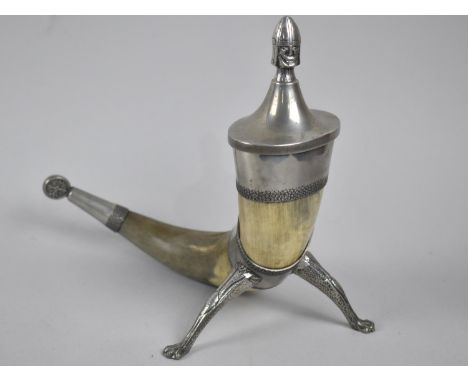 A Nordic Horn Drinking Vessel with Claw Feet and Warrior Bust Finial, 25cms Long 