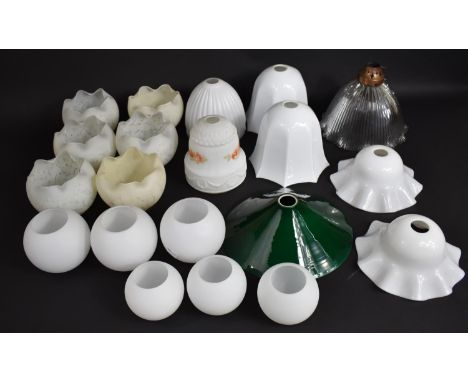 A Collection of Various Glass Light Shades to Include Nice Quality Ribbed Plain Glass Shade, Opaque Shades, Green Glass Shade