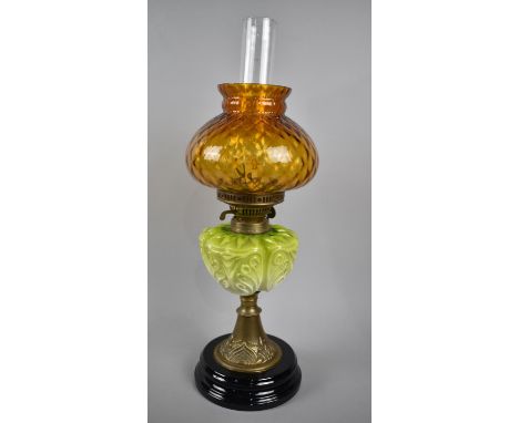 A Late Victorian Oil Lamp with Brass Support, Green Ceramic Reservoir, Coloured Shade and Plain Chimney, Duplex Controls, 57c