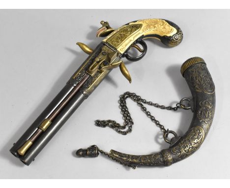 A Replica French Twist Double Barrel Flintlock Pistol Inscribed for W Bailes Together with a Replica French Napoleonic Powder