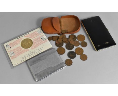 A Collection of Various Vintage Cigarette Cases, Leather Purse and Collection of Copper Coinage Etc 